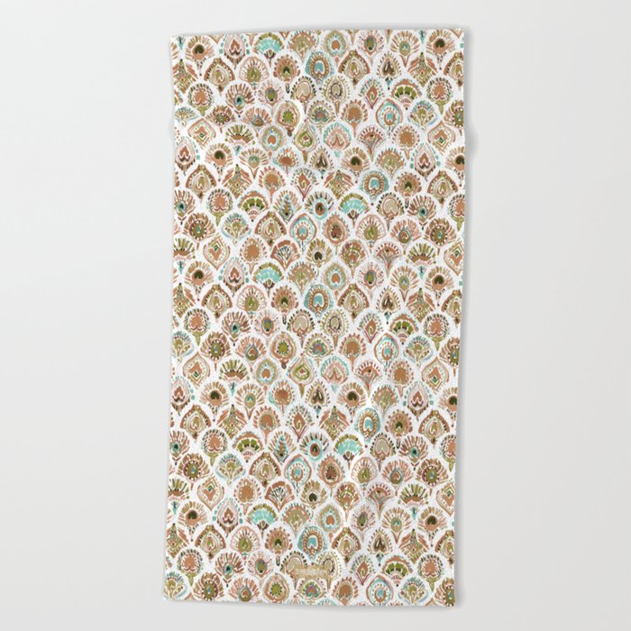 PEACOCK MERMAID Rose Gold Mint Scales and Feathers Beach Towel