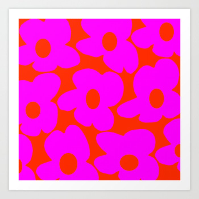 Pink Retro Flowers Orange Red Background #decor #society6 #buyart Art Print