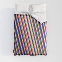 [ Thumbnail: Light Coral, Midnight Blue, Dim Grey, and Light Yellow Colored Stripes Pattern Comforter ]