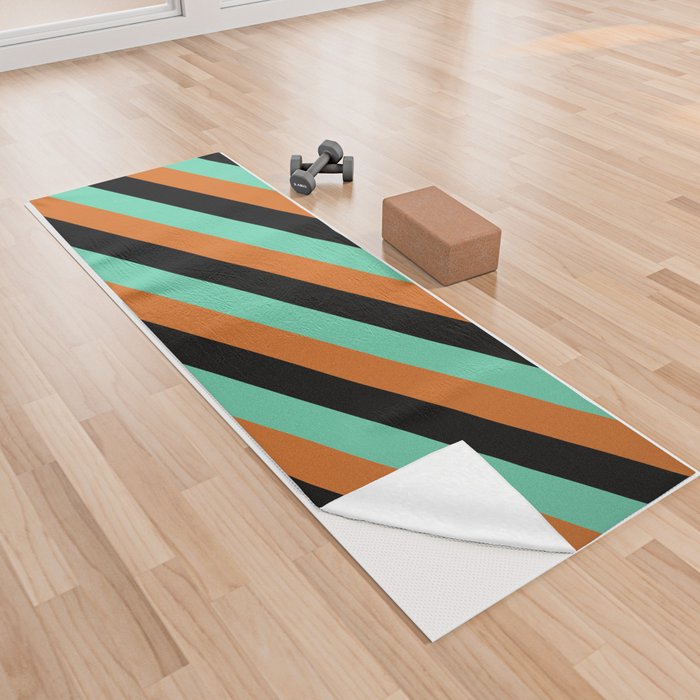 Black, Aquamarine, and Chocolate Colored Pattern of Stripes Yoga Towel