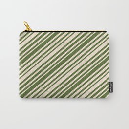 [ Thumbnail: Beige & Dark Olive Green Colored Pattern of Stripes Carry-All Pouch ]