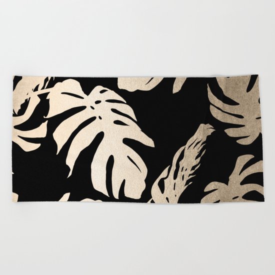Simply Palm Leaves in White Gold Sands on Midnight Black Beach Towel
