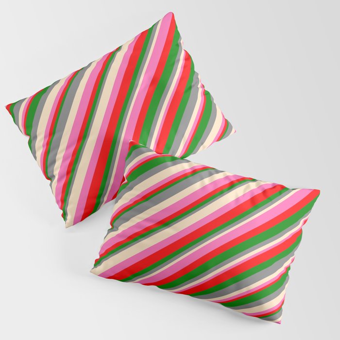 Eye-catching Gray, Bisque, Hot Pink, Red & Green Colored Lines/Stripes Pattern Pillow Sham