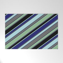 [ Thumbnail: Powder Blue, Dark Sea Green, Midnight Blue, Dim Gray, and Black Colored Striped/Lined Pattern Welcome Mat ]