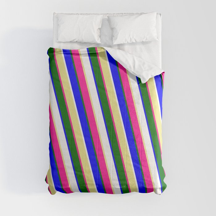 Eye-catching Tan, Deep Pink, Dark Green, Blue, and White Colored Stripes Pattern Comforter