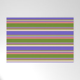 [ Thumbnail: Light Coral, Green, Bisque & Slate Blue Colored Striped/Lined Pattern Welcome Mat ]