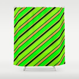 [ Thumbnail: Lime, Coral, Green, and Black Colored Lined Pattern Shower Curtain ]