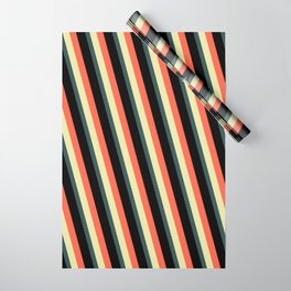 [ Thumbnail: Red, Pale Goldenrod, Dark Slate Gray, and Black Colored Lines Pattern Wrapping Paper ]