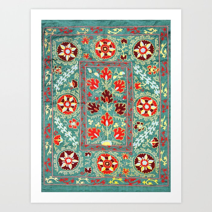 Turquoise Suzani Antique Floral Uzbek Embroidery Print Art Print