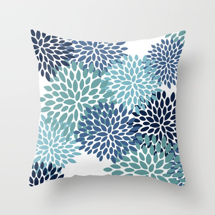 Floral Blooms, Navy, Blue and Teal Throw Pillow