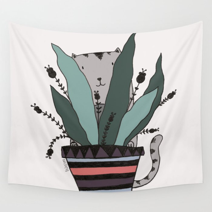 cats love plants print Wall Tapestry