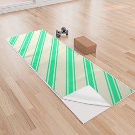 [ Thumbnail: Beige and Green Colored Stripes/Lines Pattern Yoga Towel ]