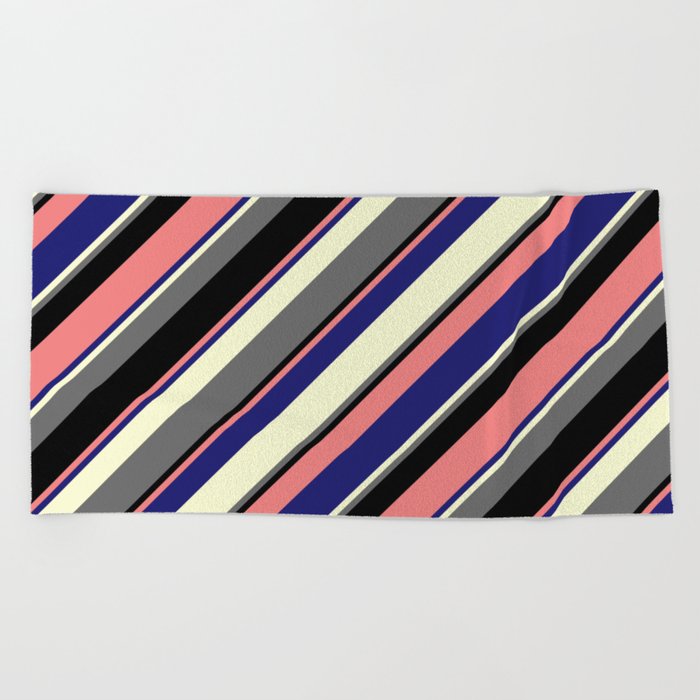 Eye-catching Light Coral, Midnight Blue, Light Yellow, Dim Grey, and Black Colored Striped Pattern Beach Towel