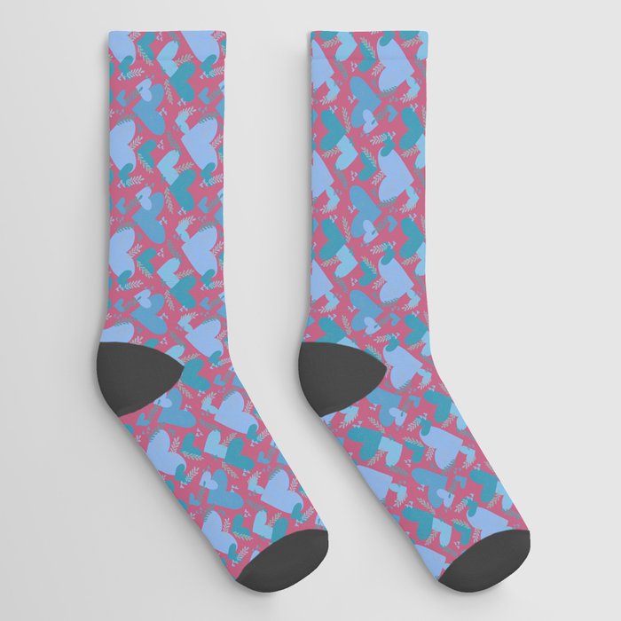 Cute blue heart pattern on magenta background Socks