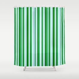 [ Thumbnail: Light Cyan, Light Blue, Green, and Sea Green Colored Pattern of Stripes Shower Curtain ]