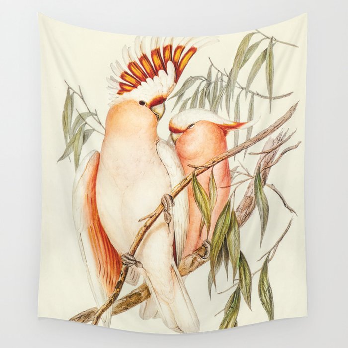 Lovely Cockatoo in Peach Color, Vintage Wall Tapestry