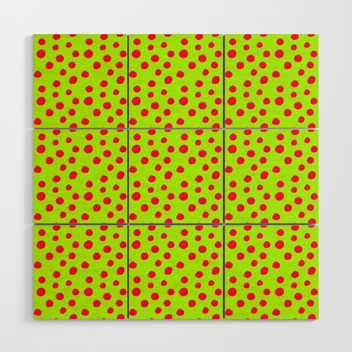 Neon Green Red Spots Pattern Wood Wall Art