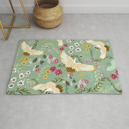 Chinoiserie Cranes on green birds vintage Rug
