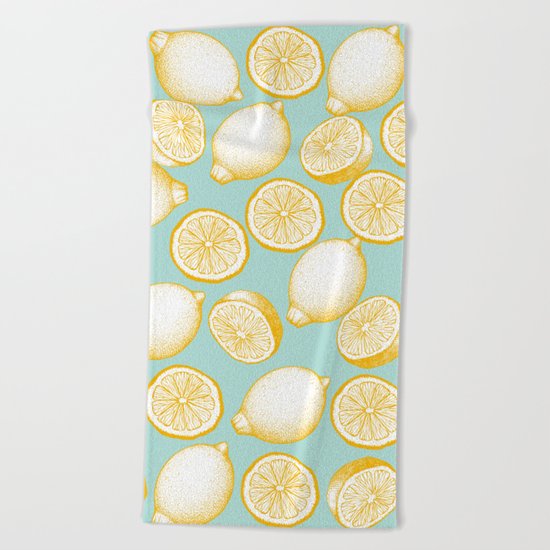 Lemons On Turquoise Background Beach Towel