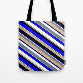 [ Thumbnail: Vibrant Slate Gray, Tan, Black, Blue, and White Colored Striped/Lined Pattern Tote Bag ]