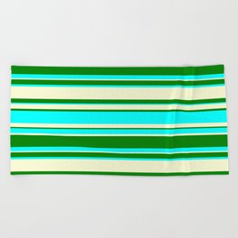 [ Thumbnail: Light Yellow, Green, and Aqua Colored Lined Pattern Beach Towel ]