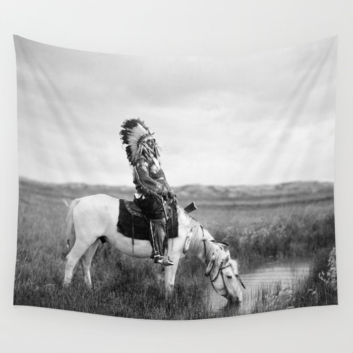 Red Hawk, Oglala Indian Chief on a horse at a pool of water on the plains black and white American Old West photograph Wall Tapestry