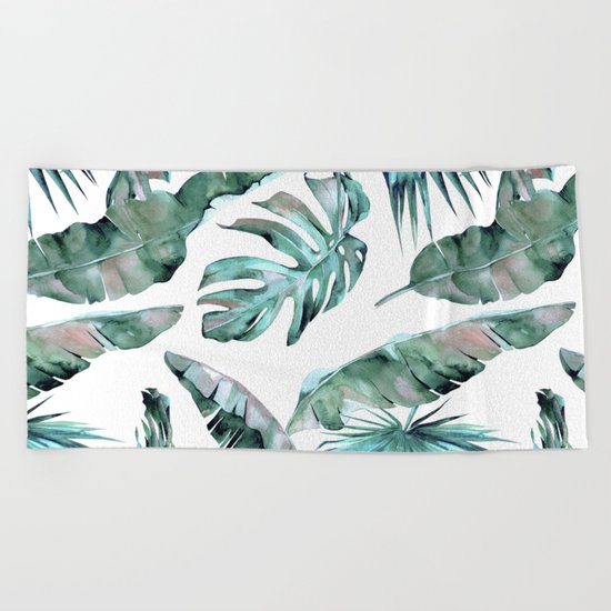 Tropical Palm Leaves Blue Green on White Beach Towel