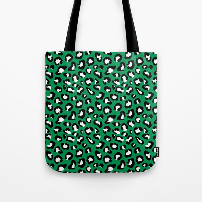 Leopard Print Black and White on Green Tote Bag