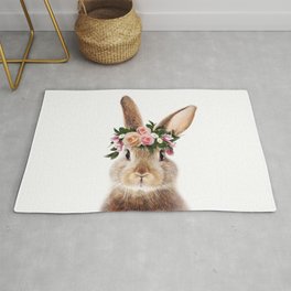 Baby Rabbit, Brown Bunny with Flower Crown, Baby Animals Art Print by Synplus Area & Throw Rug