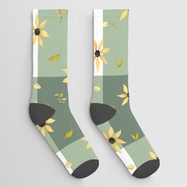 Yellow floral meadow on sage green gingham pattern Socks