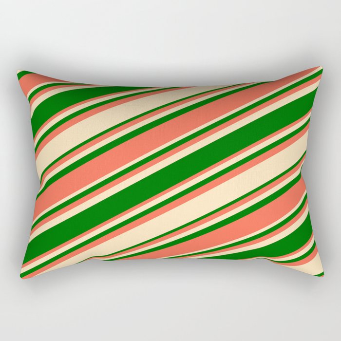 Beige, Dark Green & Red Colored Lined Pattern Rectangular Pillow