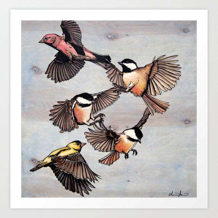 Flying Finches and Chickadees Art Print