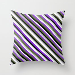 [ Thumbnail: Eye-catching Grey, White, Purple, Dark Olive Green, and Black Colored Lined/Striped Pattern Throw Pillow ]
