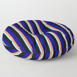 [ Thumbnail: Eye-catching Dark Cyan, Turquoise, Coral, Dark Blue, and Black Colored Striped Pattern Floor Pillow ]