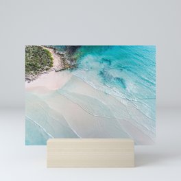 Aerial seascape photography of vibrant blue ocean with shallow waves on the beach Mini Art Print