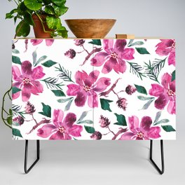 Hand painted bright pink forest green burgundy flowers Credenza