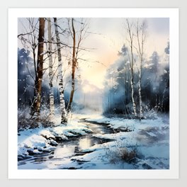 Watercolor Forest Creek in Winter Paradise Art Print