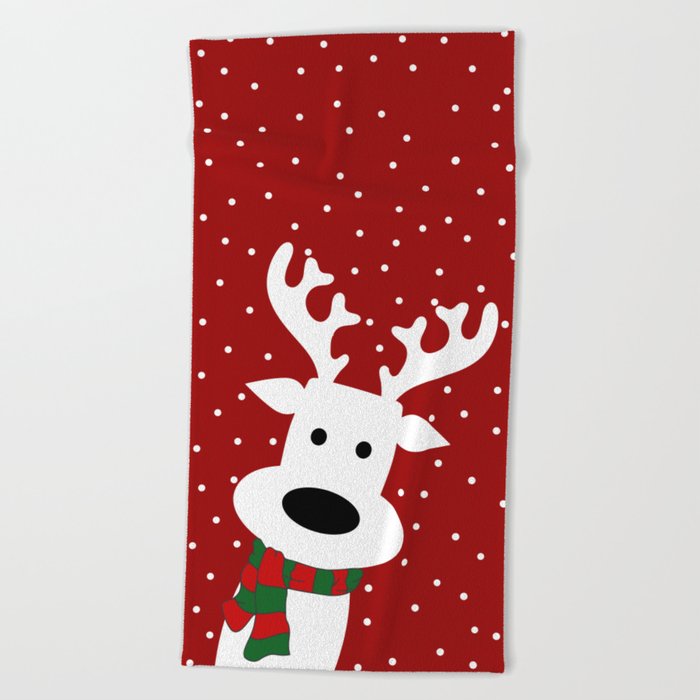 Reindeer in a snowy day (red) Beach Towel