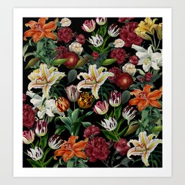 Night Flowers Garden  Art Print | Digital, Gardening, Redflowers, Orangeflowers, Graphite, Ink, Flowers, Garden, Park, Pattern 