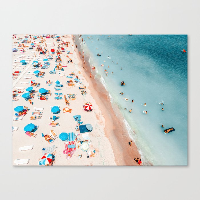 Aerial Ocean Beach Print, Pastel Beach Print, Summer Vibes, Aerial Beach People Umbrellas Print, Beach Photography, Sea Waves Art Print Canvas Print