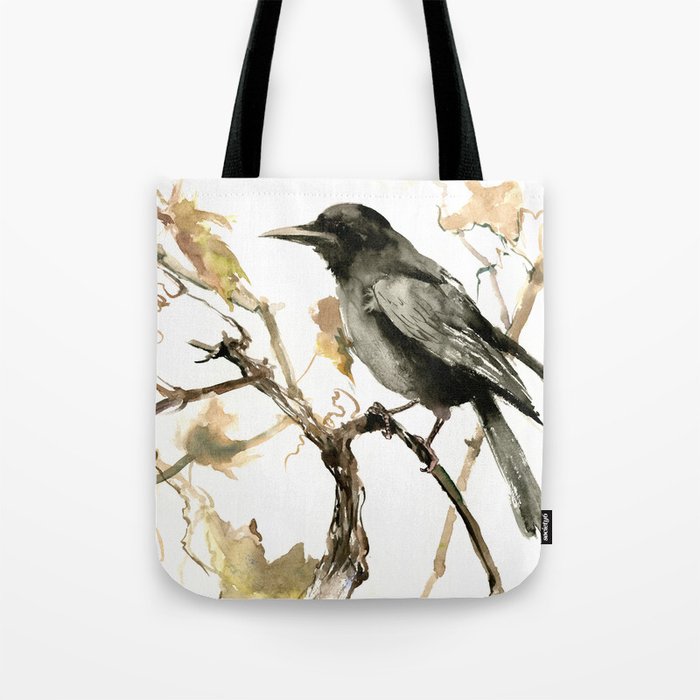 Crow in the Fall, Tribal Crow Raven art Tote Bag