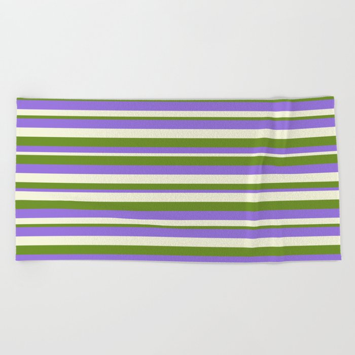Green, Purple, and Beige Colored Lines Pattern Beach Towel