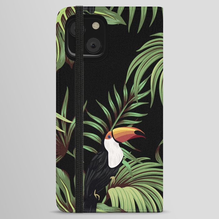 Tropical vintage toucan, palm leaves floral seamless pattern black background. Exotic jungle wallpaper.  iPhone Wallet Case