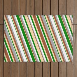 [ Thumbnail: Vibrant Dark Grey, Sienna, Tan, Green & White Colored Lined Pattern Outdoor Rug ]