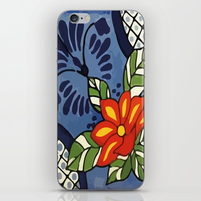 Vintage boho chic blue flower colorful mexican tile folk art  iPhone Skin