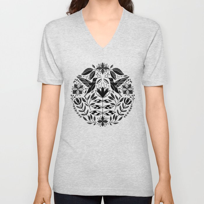 Hummingbird Floral Folk Art - Black V Neck T Shirt