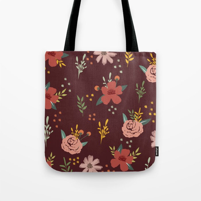 Floral Print On Maroon Background Flower Lover Pattern Tote Bag