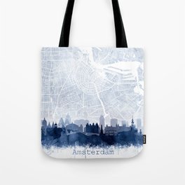 Amsterdam Skyline Map Watercolor Navy Blue, Print by Zouzounio Art Tote Bag