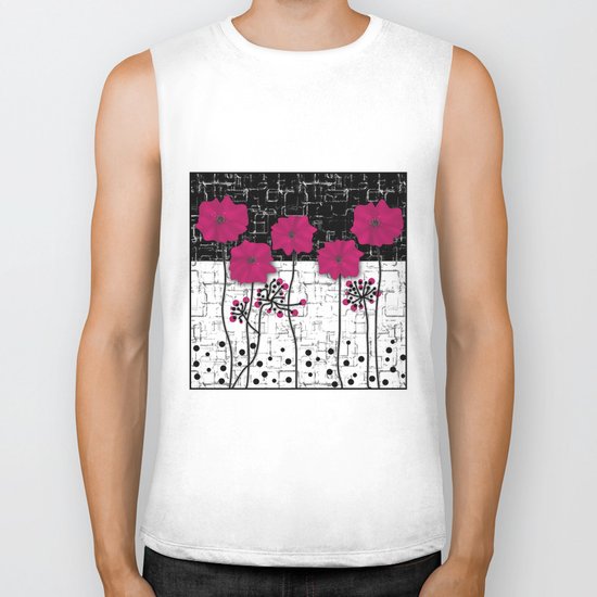 Crimson flowers on black and white background. Biker Tank