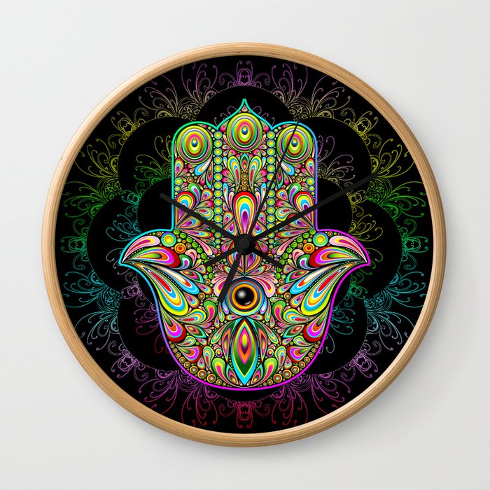 Hamsa Hand Amulet Psychedelic Wall Clock